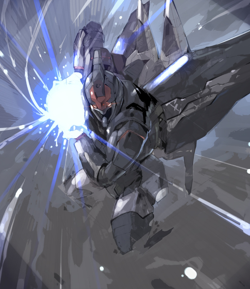 agovitch check_copyright copyright_request dust dust_cloud emphasis_lines energy energy_ball glowing glowing_eyes highres lens_flare lens_flare_abuse mecha no_humans smoke stance xenogears