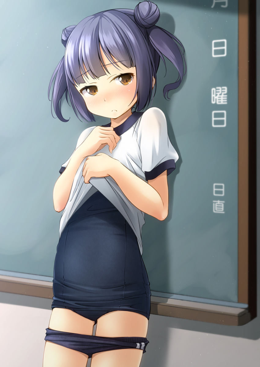 1girl ass_visible_through_thighs bangs black_buruma blue_swimsuit blush brown_eyes buruma buruma_pull closed_mouth commentary_request double_bun eyebrows_visible_through_hair gym_shirt gym_uniform hands_up highres indoors lifted_by_self nose_blush old_school_swimsuit one-piece_swimsuit original puffy_short_sleeves puffy_sleeves purple_hair school_swimsuit shibacha shirt shirt_lift short_sleeves sidelocks solo swimsuit swimsuit_under_clothes twintails white_shirt