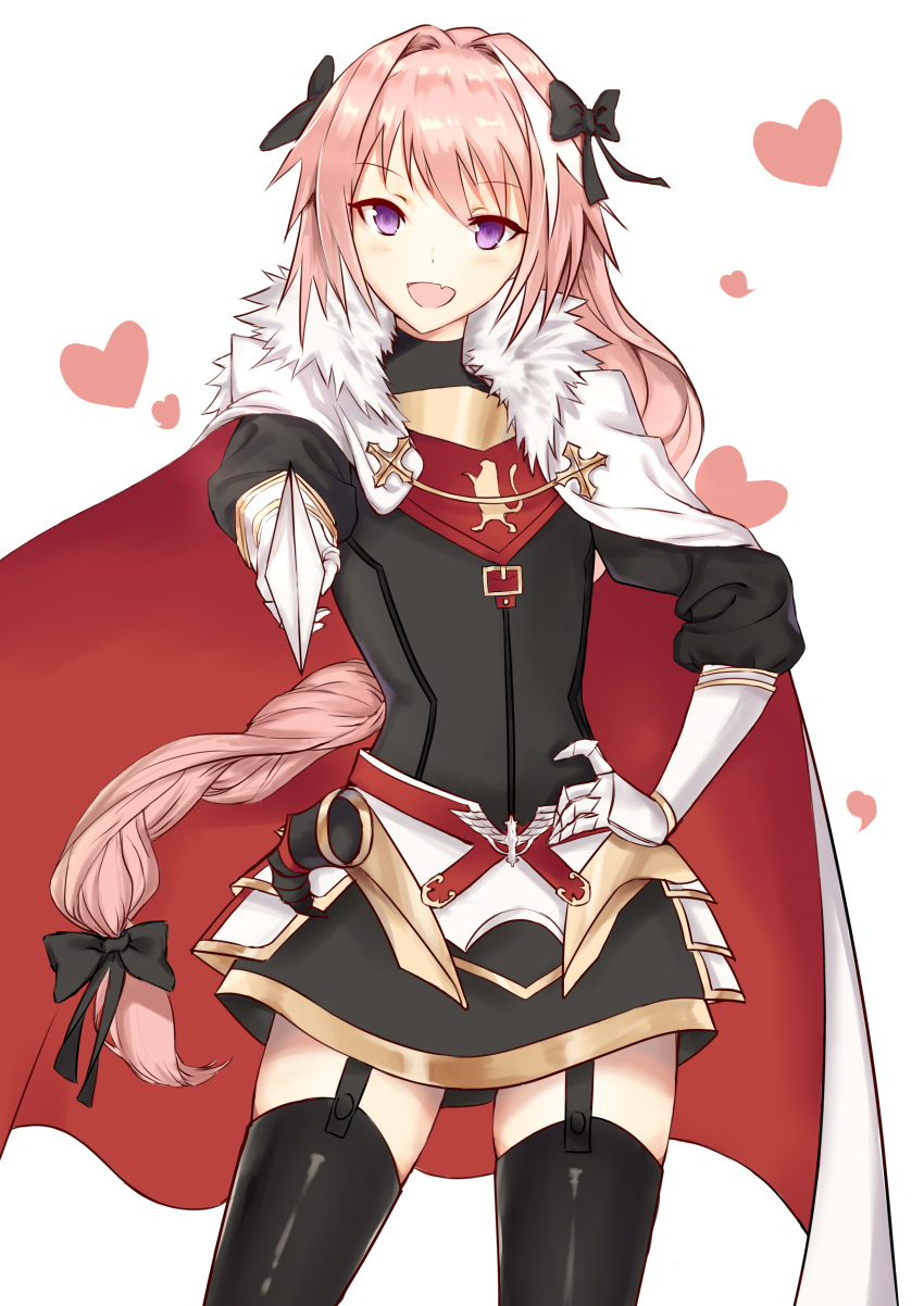 1boy absurdres armor armored_dress astolfo_(fate) black_bow black_dress black_legwear blush bow braid cloak dress eyebrows eyebrows_visible_through_hair fang fate/apocrypha fate/grand_order fate_(series) fur-trimmed_cloak fur_trim gauntlets gorget hair_bow hair_intakes happy heart highres holding holding_sword holding_weapon long_braid long_hair long_sleeves male_focus multicolored_hair open_mouth otoko_no_ko pink_hair puffy_sleeves simple_background single_braid smile solo streaked_hair sword thigh-highs violet_eyes weapon white_background white_cloak xiao-lz