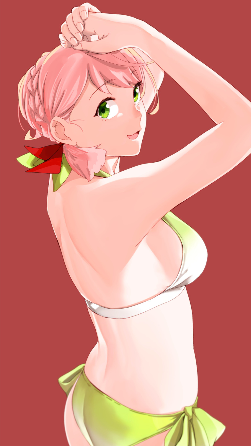 1girl absurdres akashi_(kantai_collection) alternate_hairstyle arms_up ass back bare_arms bare_shoulders bikini braid breasts commentary_request eyebrows_visible_through_hair french_braid from_side green_eyes hair_ribbon halterneck highres kantai_collection large_breasts looking_at_viewer ojipon pink_hair red_background ribbon side-tie_bikini sideboob simple_background smile solo swimsuit