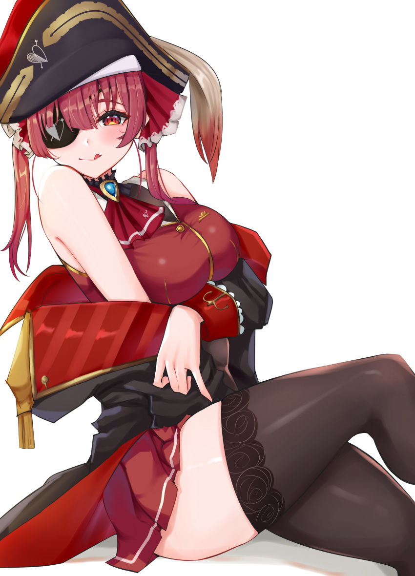 1girl :q absurdres arm_under_breasts arrow_through_heart bangs bare_shoulders black_coat black_legwear black_leotard blush bodystocking breast_lift breasts coat cromwellb crop_top eyepatch hair_between_eyes hat heart highres hololive houshou_marine large_breasts leotard long_hair looking_at_viewer miniskirt off_shoulder pirate_hat pleated_skirt red_coat red_eyes red_shirt red_skirt redhead shirt simple_background sitting skirt sleeveless smile solo thigh-highs thighs tongue tongue_out twintails two-tone_coat undressing virtual_youtuber white_background