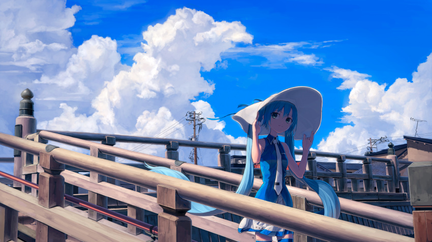1girl absurdres aqua_eyes bare_shoulders blue_hair blue_legwear blue_shirt blue_sky building clouds commentary cowboy_shot day english_commentary hat hatsune_miku highres holding holding_clothes holding_hat large_hat light_smile long_hair miniskirt mixed-language_commentary necktie outdoors pleated_skirt pocari_sweat scenery shirt skirt sky sleeveless sleeveless_shirt stairs summer thigh-highs turu twintails utility_pole very_long_hair vocaloid white_headwear white_neckwear white_skirt zettai_ryouiki