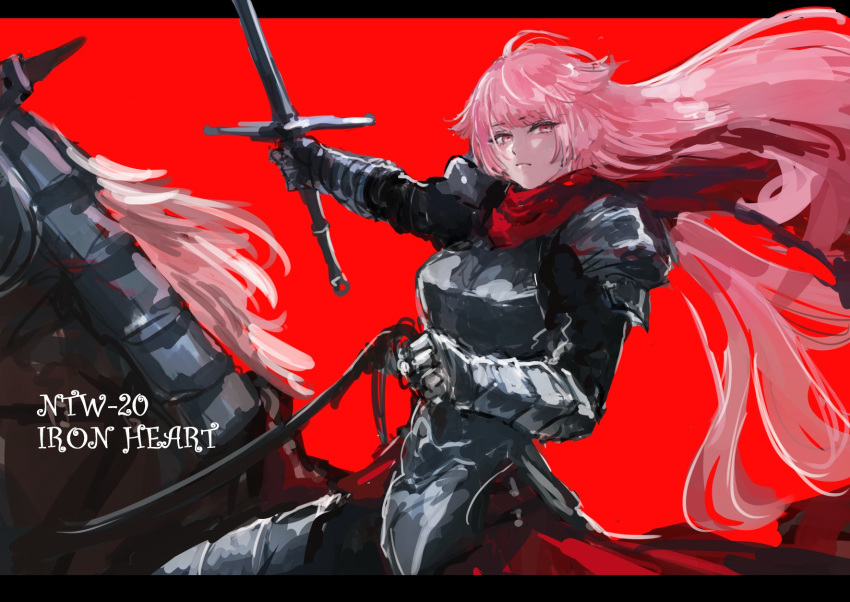 1girl animal armor bangs black_border border character_name closed_mouth eyebrows_visible_through_hair gauntlets girls_frontline hair_flaps highres holding holding_sword holding_weapon horse horseback_riding knight long_hair ntw-20_(girls_frontline) osakana_(denpa_yun'yun) pink_eyes pink_hair red_background red_scarf riding scarf simple_background sword weapon