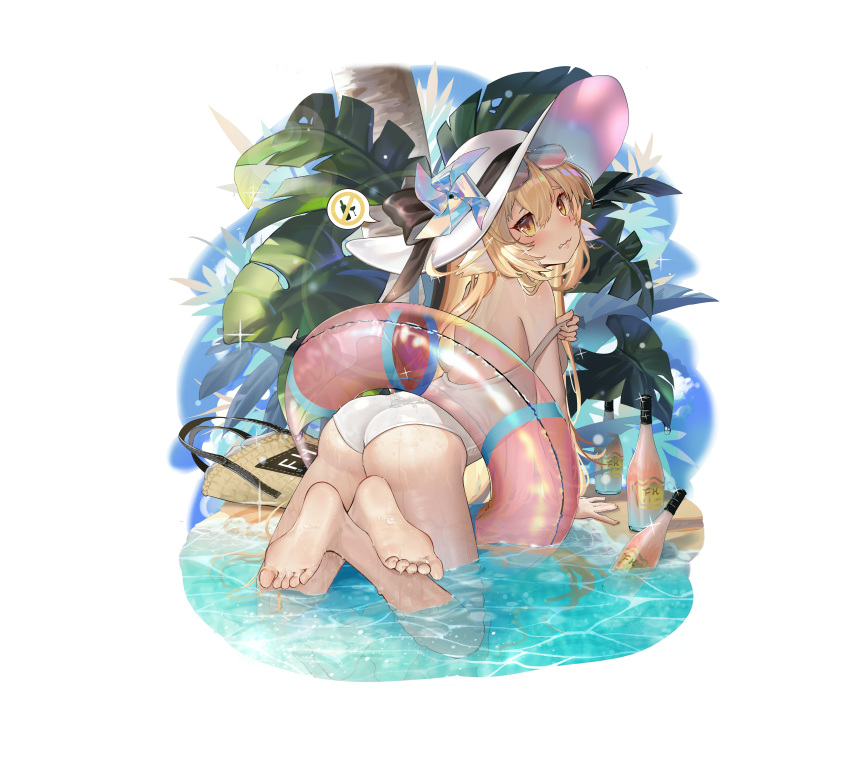 1girl absurdres alcohol animal_ears arched_back ass bag bare_arms bare_back bare_shoulders barefoot beach bikini blonde_hair bottle breasts brown_eyes caustics character_request copyright_request eyewear_on_head feet feet_up flat_chest from_behind hat hat_ribbon highres innertube leaf long_hair looking_at_viewer looking_back medium_hair moyamoya_(moya11158375) no_shoes one-piece_swimsuit ribbon rotated sand small_breasts soles spoken_object strap_slip sun_hat sunglasses swimming swimsuit third-party_edit toes water wavy_mouth wet white_background white_headwear white_swimsuit