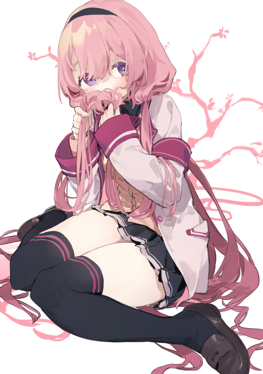 1girl absurdres bangs black_legwear blush covering_mouth hair_between_eyes hairband highres holding holding_hair jacket loafers long_hair looking_at_viewer low_twintails nijisanji open_clothes open_jacket pink_hair school_uniform sh_(562835932) shoes simple_background sitting solo suou_sango thigh-highs thighs twintails very_long_hair violet_eyes virtual_youtuber wariza white_background white_jacket zettai_ryouiki
