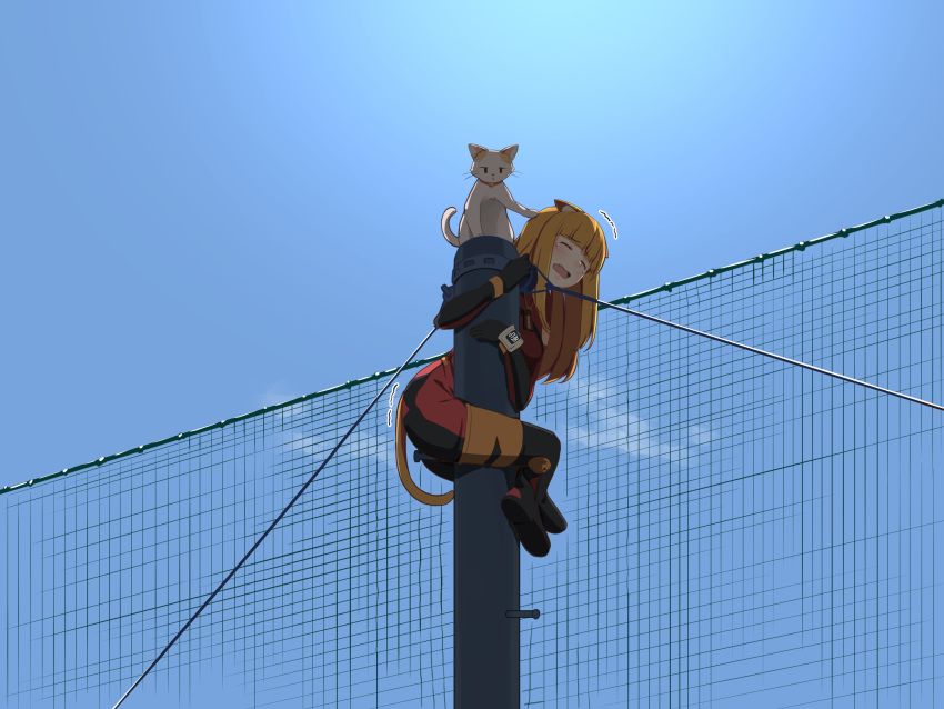 1girl animal_ears bangs befu black_footwear black_gloves blue_sky blunt_bangs bodysuit boots cat cat_ears cat_girl cat_tail clear_sky climbing closed_eyes day english_text fang fence frown gloves highres long_hair orange_hair original outdoors red_bodysuit sky solo tail tearing_up thigh-highs thigh_boots trembling utility_pole