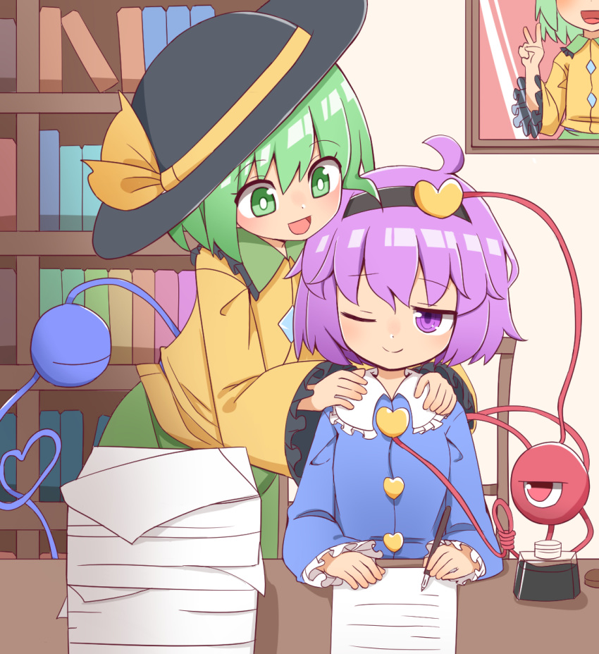 2girls ahoge black_hairband black_headwear blue_shirt bookshelf bright_pupils chair commentary_request frilled_sleeves frills green_eyes green_hair green_skirt hairband hands_on_another's_shoulders hat heart heart_of_string highres holding holding_pen indoors inkwell komeiji_koishi komeiji_satori long_sleeves looking_at_viewer multiple_girls nib_pen_(object) nihohohi one_eye_closed open_mouth paper paper_stack pen portrait_(object) purple_hair shirt short_hair siblings sisters sitting skirt smile third_eye touhou violet_eyes white_pupils yellow_shirt