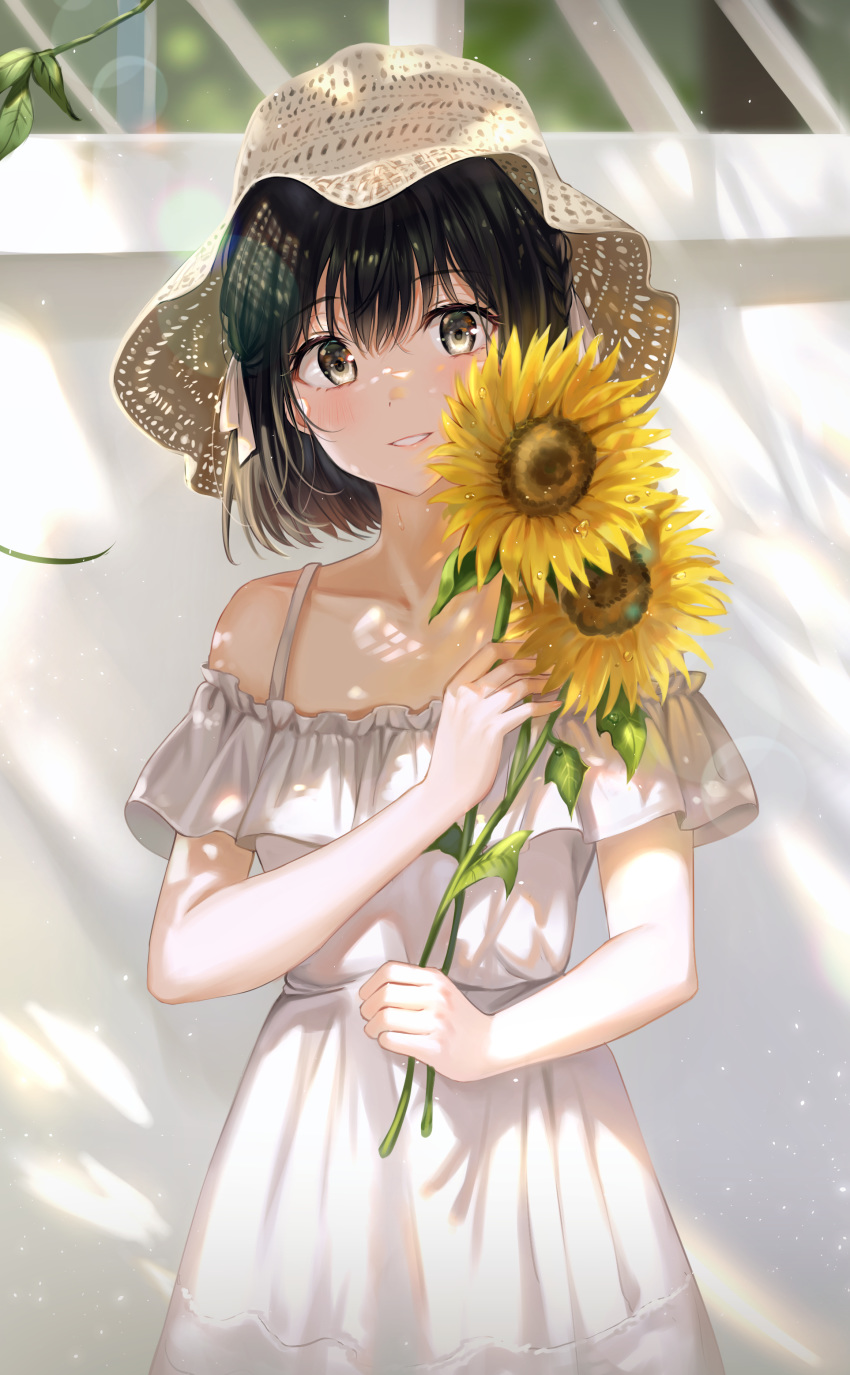 1girl absurdres bangs bare_shoulders black_hair blush braid brown_eyes brown_hair collarbone commentary_request cowboy_shot day dress flat_chest flower hair_ribbon hand_up hat highres holding holding_flower looking_at_viewer original outdoors parted_lips ribbon short_hair short_sleeves smile solo straw_hat sun_hat sundress sunflower sunlight teeth tokkyu upper_body white_dress white_ribbon