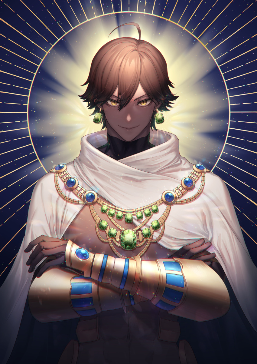 1boy abs absurdres ahoge brown_hair cape crossed_arms dark_skin dark_skinned_male egyptian egyptian_clothes fate/grand_order fate/prototype fate/prototype:_fragments_of_blue_and_silver fate_(series) gauntlets hair_between_eyes highres jewelry looking_at_viewer male_focus mikazuki_tsukiyo muscle necklace ozymandias_(fate) shirtless shrug_(clothing) smile solo white_cape yellow_eyes