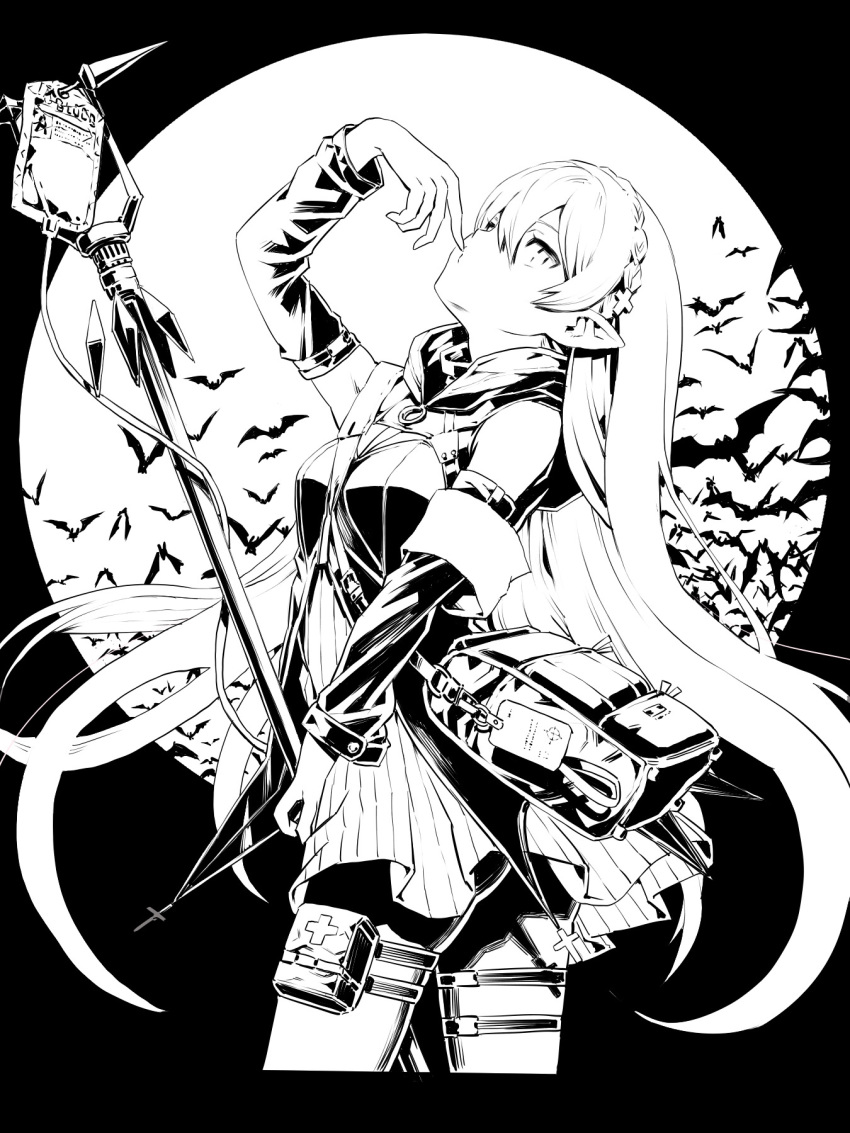 1girl arknights arm_up armband bag bangs bare_shoulders bat blood blood_bag blood_from_mouth blood_on_face braid commentary_request cross crown_braid detached_sleeves dress greyscale hair_between_eyes hair_ornament highres holding holding_staff hood hood_down long_hair looking_at_viewer monochrome pantyhose pointy_ears pouch shoulder_bag simple_background sketch sleeveless sleeveless_dress slit_pupils solo staff ume_(yume_uta_da) vampire very_long_hair warfarin_(arknights) work_in_progress