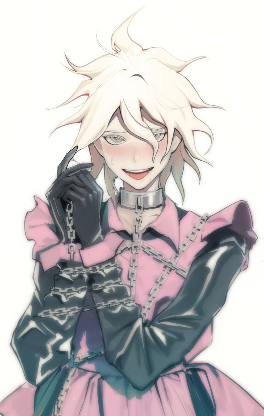 1boy alternate_costume apron bangs black_gloves black_shirt blush chain chained collar collarbone dangan_ronpa dress frills gloves hair_between_eyes hair_over_one_eye highres komaeda_nagito kyandii long_sleeves looking_at_viewer male_focus messy_hair metal_collar open_mouth pink_dress restrained shirt short_hair simple_background smile solo super_dangan_ronpa_2 sweatdrop upper_body upper_teeth white_background white_hair