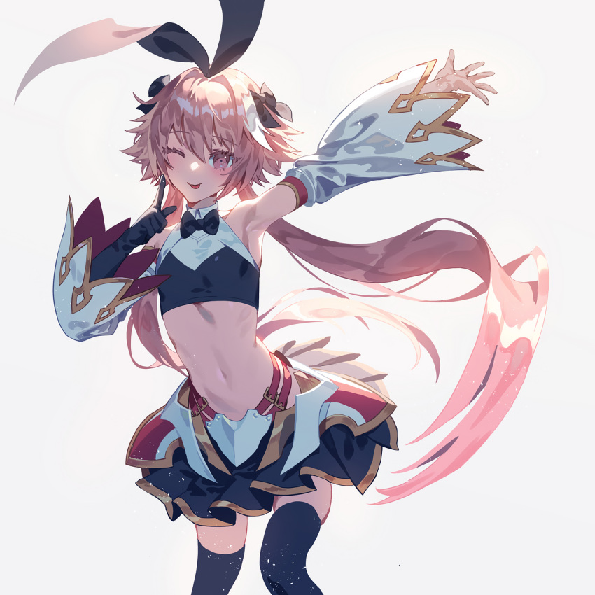 1boy animal_ears arm_at_side arm_up armor armored_dress astolfo_(fate) astolfo_(saber)_(fate) bangs black_bow black_gloves black_legwear black_ribbon blush bow bowtie bunny_hair_ornament closed_mouth dress fajyobore323 fate/grand_order fate_(series) gloves hair_bow hair_intakes hair_ornament hair_ribbon happy highres long_hair long_sleeves looking_at_viewer low_twintails male_focus midriff multicolored_hair one_eye_closed otoko_no_ko pink_hair rabbit_ears ribbon simple_background smile streaked_hair thigh-highs tongue tongue_out twintails violet_eyes white_background