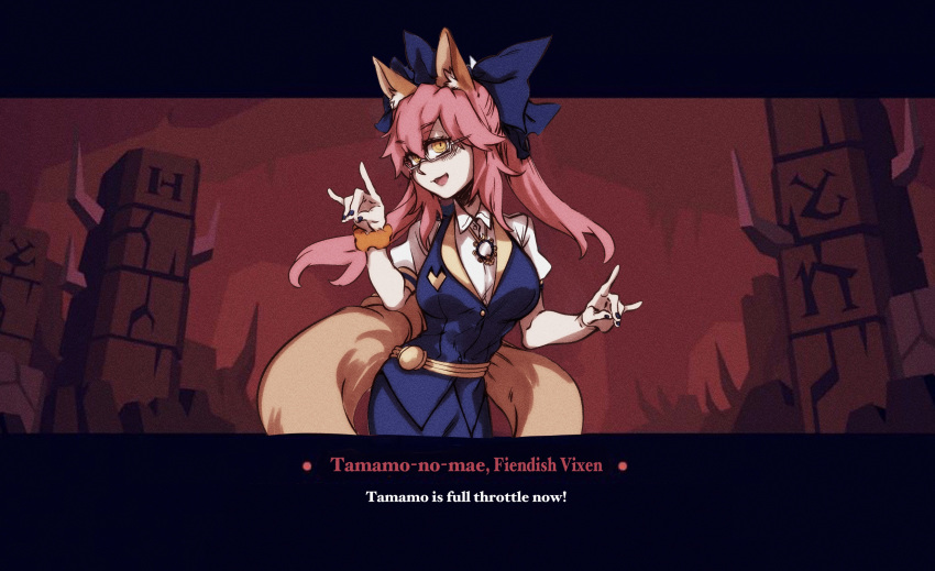 1girl animal_ear_fluff animal_ears blue_ribbon breasts commentary costume dialogue_box double_fox_shadow_puppet eyebrows_visible_through_hair fake_screenshot fate/extra fate_(series) formal fox_ears fox_girl fox_shadow_puppet fox_tail glasses hair_ribbon helltaker highres large_breasts looking_at_viewer lucerna_lunam mirror nail_polish office_lady parody pink_hair ribbon semi-rimless_eyewear solo style_parody suiten_nikkou_amaterasu_yanoshisu_ishi tail tamamo_(fate)_(all) tamamo_no_mae_(fate) vanripper_(style) visual_novel yellow_eyes