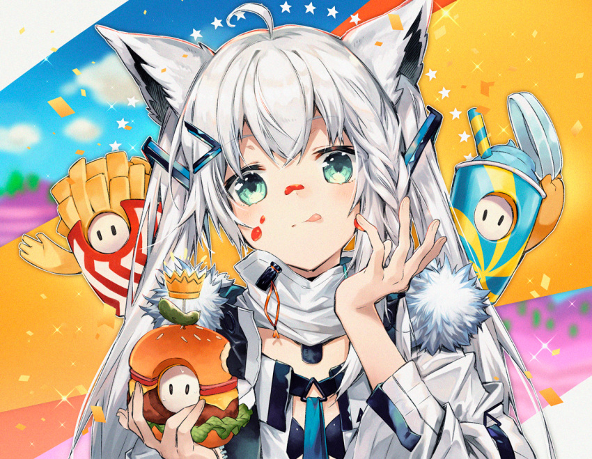 1girl ahoge animal_ear_fluff animal_ears aqua_eyes bangs braid commentary_request eyebrows_visible_through_hair fall_guys food food_on_face fox_ears french_fries fur-trimmed_jacket fur_trim hamburger head_tilt hololive jacket ketchup licking_lips looking_at_viewer mito_itsuki partial_commentary shirakami_fubuki sidelocks silver_hair single_braid solo tongue tongue_out twintails virtual_youtuber white_jacket