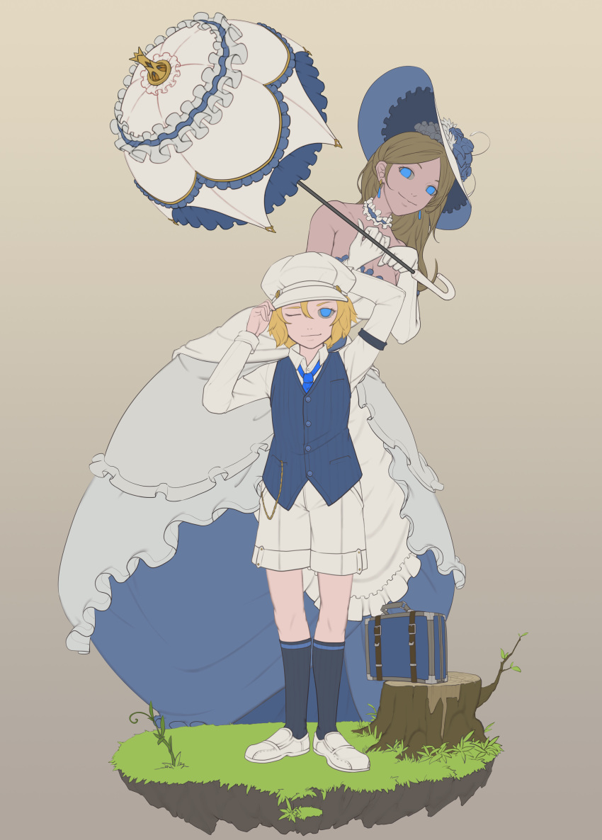 1boy 1girl absurdres age_difference beige_background blonde_hair blue_eyes blue_neckwear blue_vest briefcase choker closed_mouth dress dsqk03 earrings elbow_gloves flat_cap frills full_body gloves grass hat height_difference highres holding jewelry kneehighs leaning_forward long_hair looking_at_viewer necktie one_eye_closed original parasol shoes shorts simple_background smile standing strapless strapless_dress tree_stump two-tone_dress umbrella vest white_dress white_gloves white_shorts