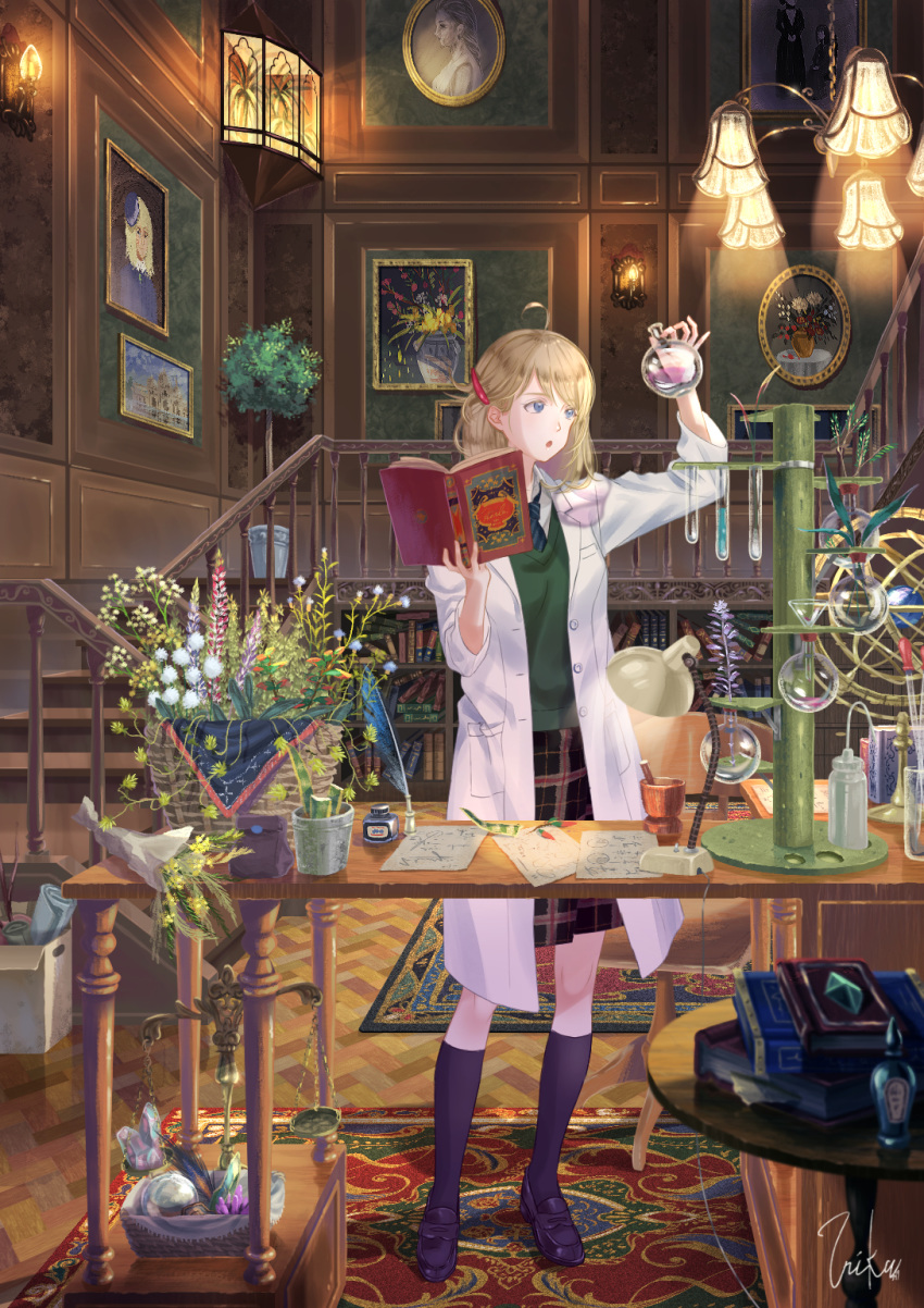 1girl ahoge armillary_sphere black_footwear black_legwear blonde_hair blue_eyes book chemistry flask highres inika jacket kneehighs loafers medium_hair open_clothes open_jacket open_mouth original shoes skirt solo translation_request white_jacket