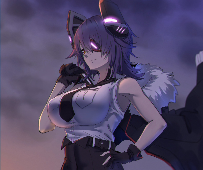 1girl bangs black_gloves black_jacket black_neckwear black_skirt breast_pocket breasts closed_mouth clouds dark_clouds eha7y fur-trimmed_jacket fur_trim gloves hair_between_eyes hand_on_hip headgear high-waist_skirt highres holding holding_clothes holding_jacket jacket kantai_collection large_breasts necktie orange_eyes partly_fingerless_gloves pocket purple_hair remodel_(kantai_collection) short_hair skirt sleeveless solo tenryuu_(kantai_collection) upper_body