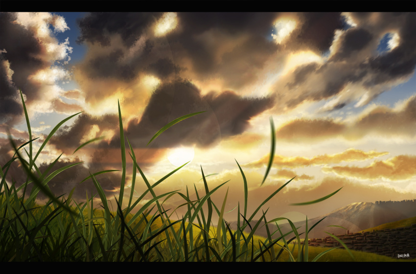 clouds cloudy_sky grass highres hill inika no_humans original scenery sky sunset translation_request