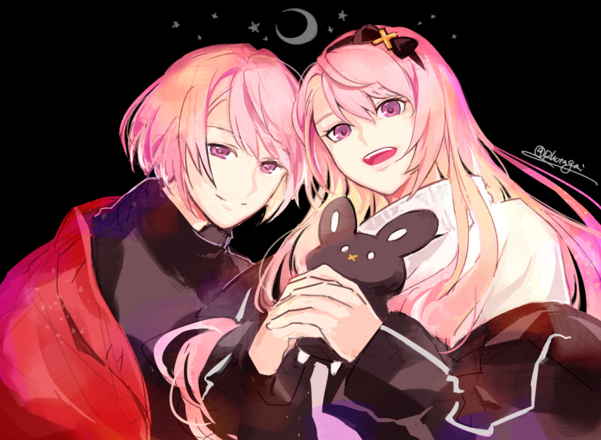 2boys androgynous artist_name black_jacket black_shirt closed_mouth crescent_moon dual_persona holostars hotate_rayan jacket long_hair long_sleeves looking_at_viewer male_focus moon multiple_boys open_mouth own_hands_together pink_eyes pink_hair shirt short_hair sketch star_(symbol) sweater tsukishita_kaoru turtleneck turtleneck_sweater twitter_username virtual_youtuber