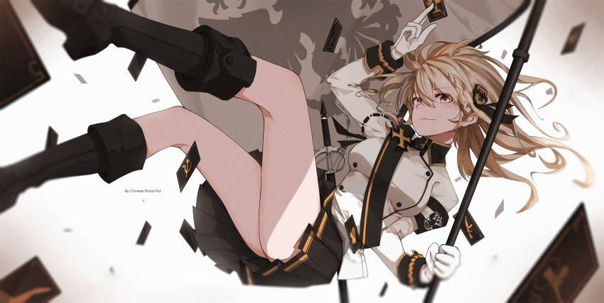 1girl artist_name bare_legs barrette black_footwear black_skirt blonde_hair boots braid breasts card chinese_robot_kid commentary_request cross eyebrows_visible_through_hair flag gloves hair_ribbon highres jacket long_hair looking_at_viewer medium_breasts military military_uniform original ribbon russia saber_(weapon) simple_background skirt smile solo sword tagme tape uniform weapon white_gloves yellow_eyes