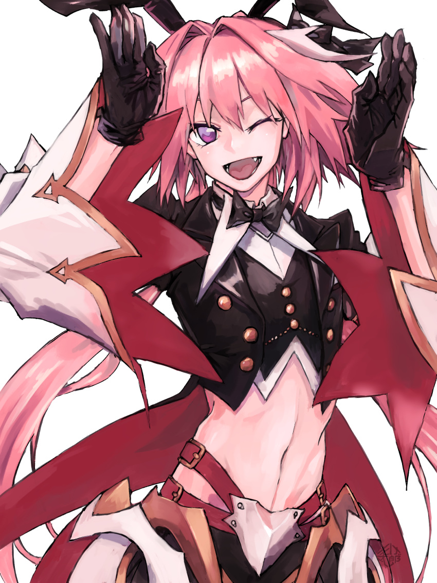 1boy animal_ears armor armored_dress astolfo_(fate) astolfo_(saber)_(fate) bangs black_bow black_gloves black_legwear black_ribbon bow bowtie bunny_hair_ornament dress fate/grand_order fate_(series) gloves hair_bow hair_intakes hair_ornament hair_ribbon happy highres long_hair long_sleeves looking_at_viewer low_twintails male_focus midriff momomogeta multicolored_hair one_eye_closed open_mouth otoko_no_ko pink_hair rabbit_ears ribbon simple_background smile solo streaked_hair twintails upper_body violet_eyes white_background
