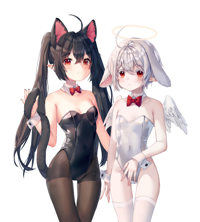 2girls ahoge angel_wings animal_ears arm_at_side bangs bare_arms bare_shoulders black_hair black_legwear black_leotard blush bow bowtie breasts bunny_girl bunnysuit cat_ears cat_tail closed_mouth collar commentary_request covered_navel cowboy_shot detached_collar extra_ears eyebrows_visible_through_hair fang feathered_wings frown grey_hair halo hand_up highleg highleg_leotard highres leotard long_hair looking_at_viewer medium_breasts multiple_girls original pale_skin pantyhose pointy_ears rabbit_ears red_bow red_eyes shiro_albino short_hair simple_background skin_fang small_breasts strapless strapless_leotard tail tail_grab thigh-highs thigh_gap twintails white_background white_collar white_legwear white_leotard white_wings wings wrist_cuffs