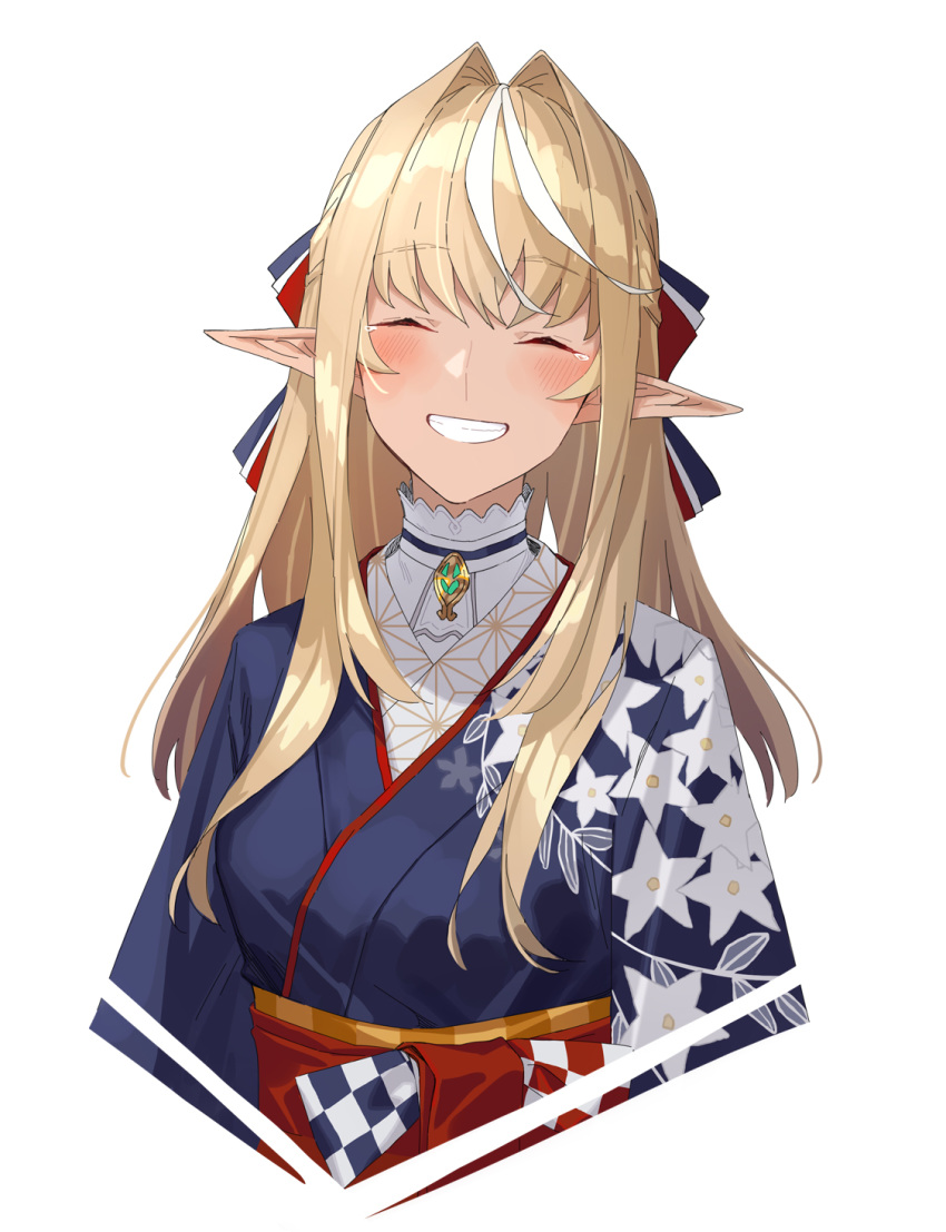 ^_^ bangs blonde_hair blue_kimono blush bow closed_eyes dark_skin elf floral_print grin hair_bow hair_intakes high_collar highlights highres hololive japanese_clothes kimono large_bow long_hair multicolored_hair obi pointy_ears sash shiranui_flare simple_background smile tearing_up teeth upper_body virtual_youtuber white_background zjm530280188