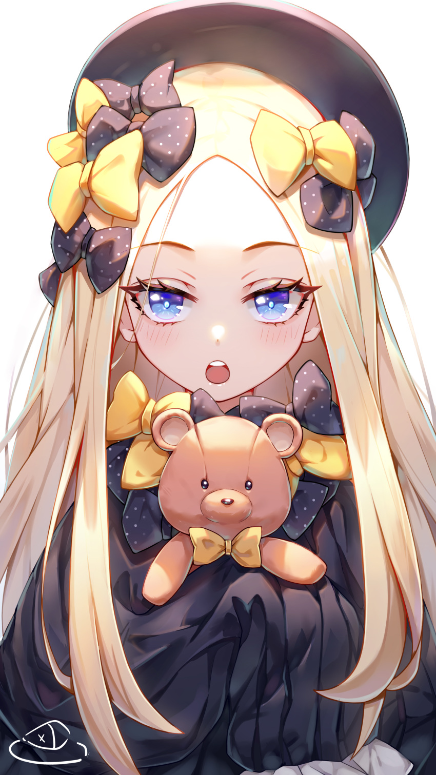 1girl abigail_williams_(fate/grand_order) absurdres bangs black_bow black_dress black_headwear blonde_hair blue_eyes blush bow breasts dress fate/grand_order fate_(series) forehead hair_bow hat highres long_hair looking_at_viewer multiple_bows open_mouth orange_bow parted_bangs polka_dot polka_dot_bow ribbed_dress simple_background sleeves_past_fingers sleeves_past_wrists small_breasts stuffed_animal stuffed_toy teddy_bear white_background xianyujun_sam