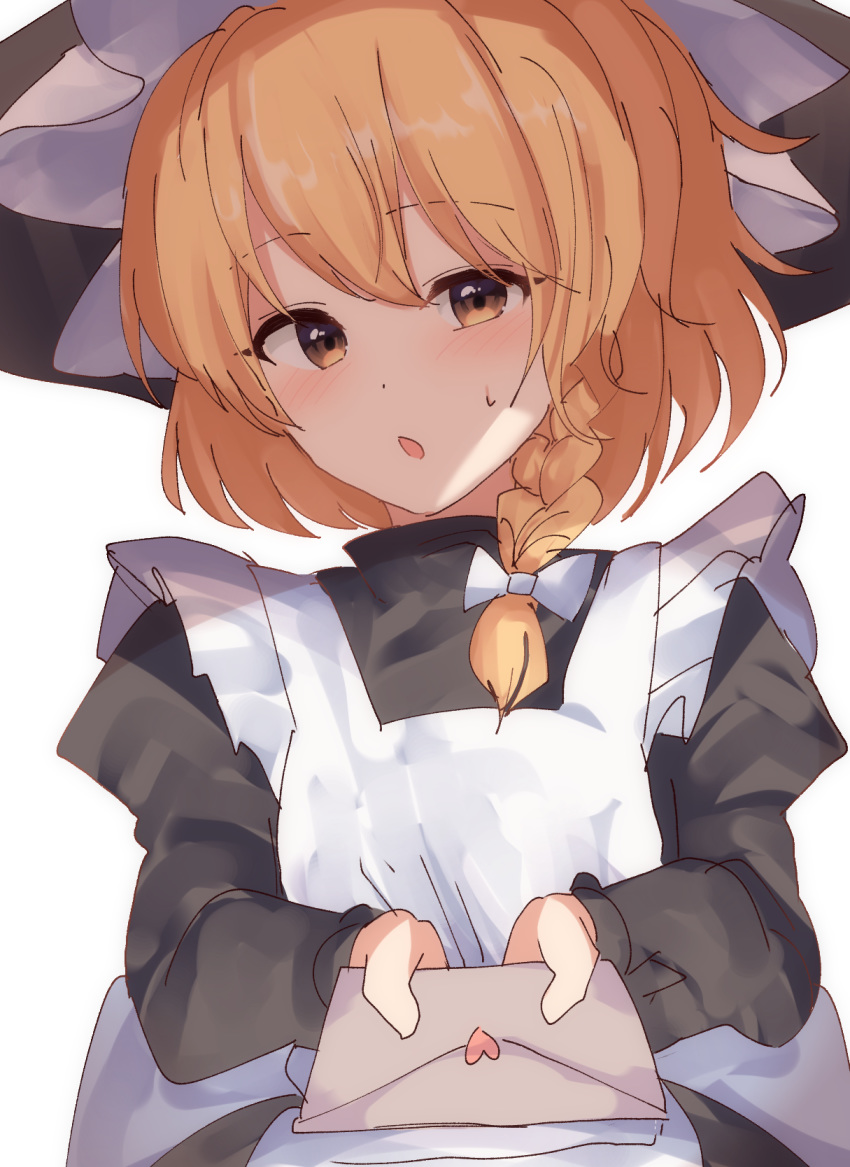 1girl alternate_hair_length alternate_hairstyle blonde_hair blush braid check_commentary commentary_request confession dress eyebrows_visible_through_hair hat highres holding holding_letter kirisame_marisa kozomezuki letter love_letter pinafore_dress pov short_hair single_braid solo touhou upper_body witch_hat yellow_eyes