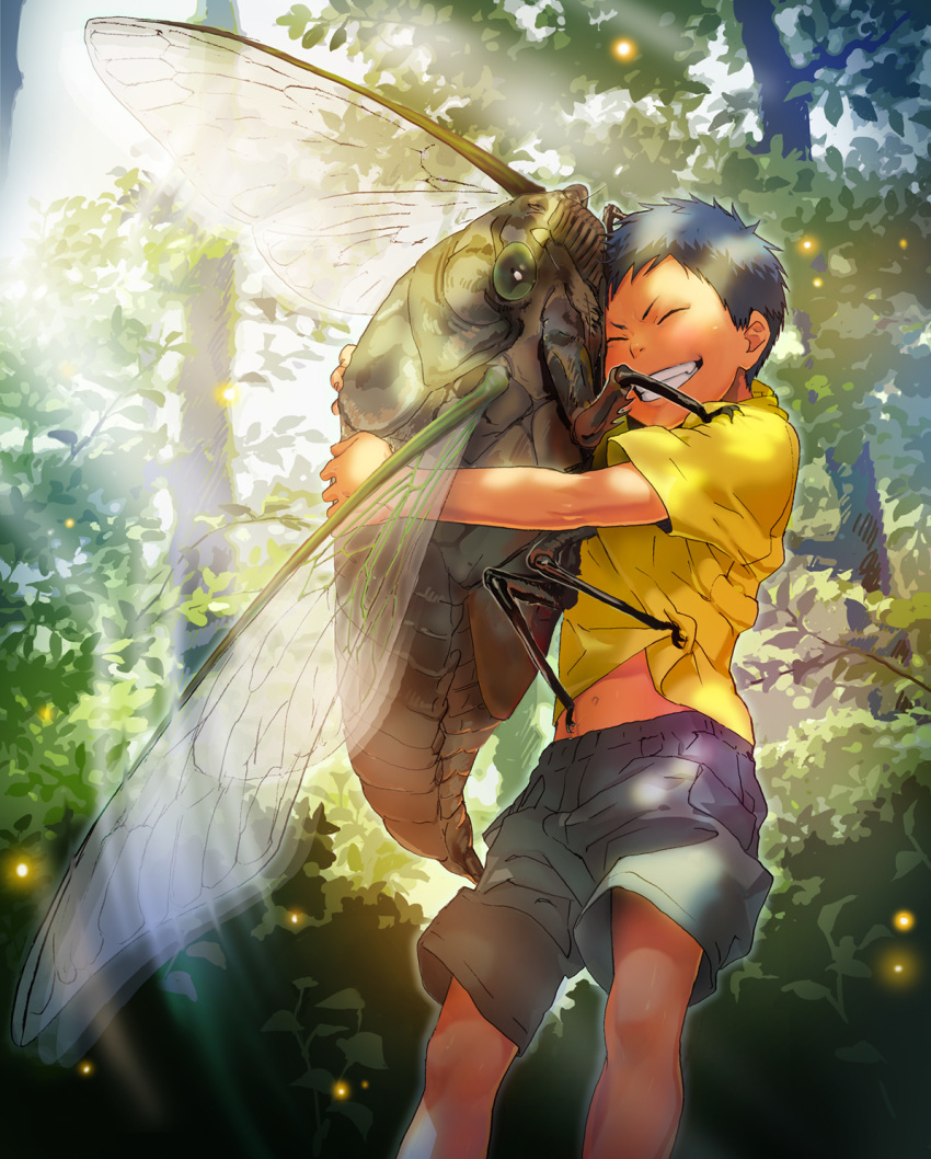 1boy aomine_daiki blue_hair bug cicada dark_skin dark_skinned_male forest giant_insect grin highres insect insect_wings kuroko_no_basuke male_focus nature okada_(okada_zari) outdoors oversized_insect shirt short_sleeves shorts smile sunlight t-shirt tree wings