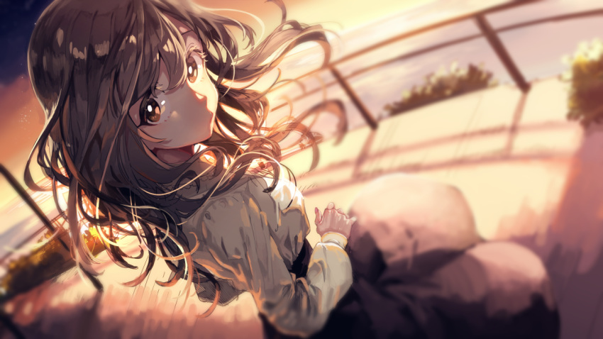 1girl artist_request black_skirt blurry blurry_background brown_eyes brown_hair commentary_request dusk dutch_angle fisheye high-waist_skirt horizon long_hair long_skirt long_sleeves looking_at_viewer looking_to_the_side original shirt skirt solo twilight white_shirt wind