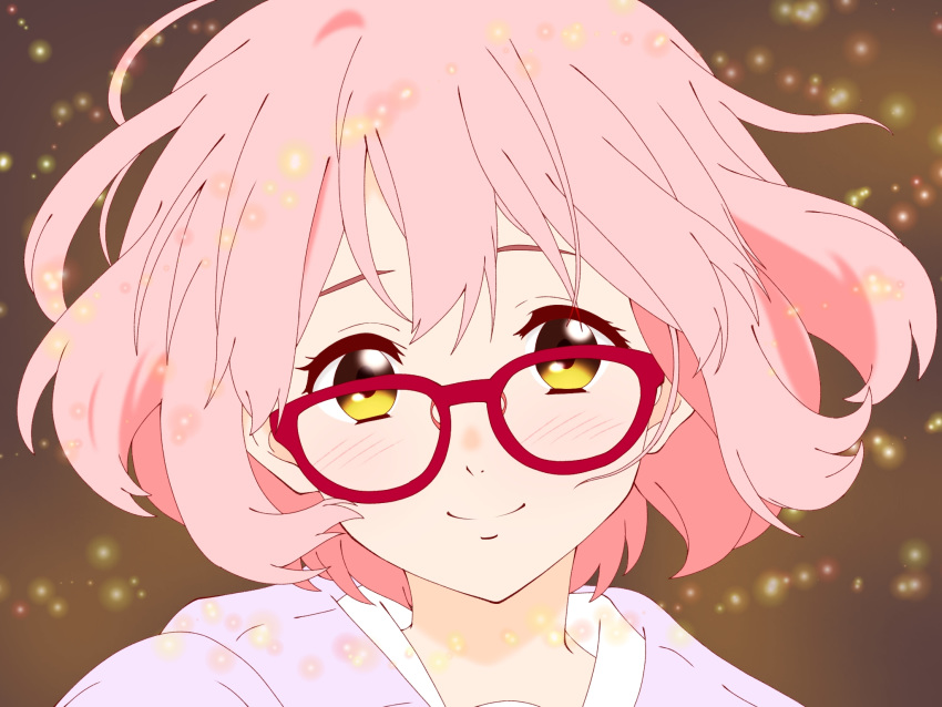 1girl blush commentary_request facing_viewer glasses highres kuriyama_mirai kyoukai_no_kanata looking_at_viewer maou_(ajtdmw369) pink_hair red-framed_eyewear short_hair smile solo translation_request upper_body yellow_eyes