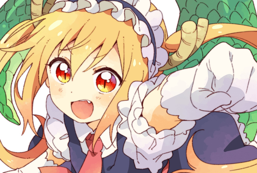 1girl :d bangs blonde_hair clenched_hand dragon_girl dragon_horns dragon_tail elbow_gloves eyebrows_visible_through_hair gloves highres horns kobayashi-san_chi_no_maidragon looking_at_viewer maid maid_headdress namori necktie open_mouth orange_eyes simple_background slit_pupils smile solo tail tooru_(maidragon) wallpaper white_background white_gloves