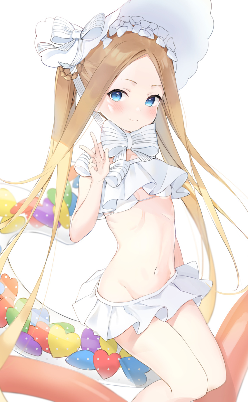 1girl abigail_williams_(fate/grand_order) abigail_williams_(swimsuit_foreigner)_(fate) absurdres bangs bare_shoulders bikini blonde_hair blue_eyes blush bonnet bow braid breasts closed_mouth fate/grand_order fate_(series) forehead hair_rings highres innertube long_hair looking_at_viewer mint_(psmin30) multiple_bows navel parted_bangs sidelocks simple_background small_breasts smile swimsuit thighs twin_braids very_long_hair w white_background white_bikini white_bow white_headwear