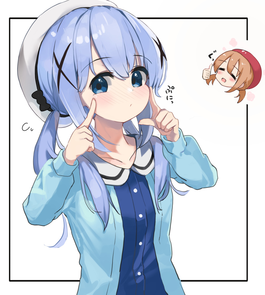 2girls :d bangs beret black_bow blue_eyes blue_hair blue_jacket blue_shirt blush bow brown_hair chibi chibi_inset closed_eyes closed_mouth commentary_request eyebrows_visible_through_hair fingers_to_cheeks flying_sweatdrops gochuumon_wa_usagi_desu_ka? hair_between_eyes hair_ornament hair_over_shoulder hat hat_bow highres hoto_cocoa houjichaoic jacket kafuu_chino long_hair long_sleeves looking_at_viewer low_twintails multiple_girls nose_blush open_clothes open_jacket open_mouth red_headwear sailor_collar shirt smile thumbs_up twintails white_background white_headwear white_sailor_collar x_hair_ornament