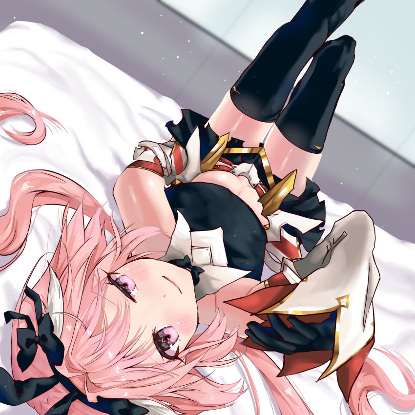 1boy animal_ears armor armored_dress astolfo_(fate) astolfo_(saber)_(fate) bangs black_bow black_gloves black_legwear black_ribbon bow bowtie bunny_hair_ornament card closed_mouth dress fate/grand_order fate_(series) gloves hair_bow hair_intakes hair_ornament hair_ribbon happy highres isuzu_(an_icy_cat) long_hair long_sleeves looking_at_viewer low_twintails lying male_focus midriff multicolored_hair on_back otoko_no_ko pink_hair rabbit_ears ribbon smile solo streaked_hair thigh-highs twintails violet_eyes