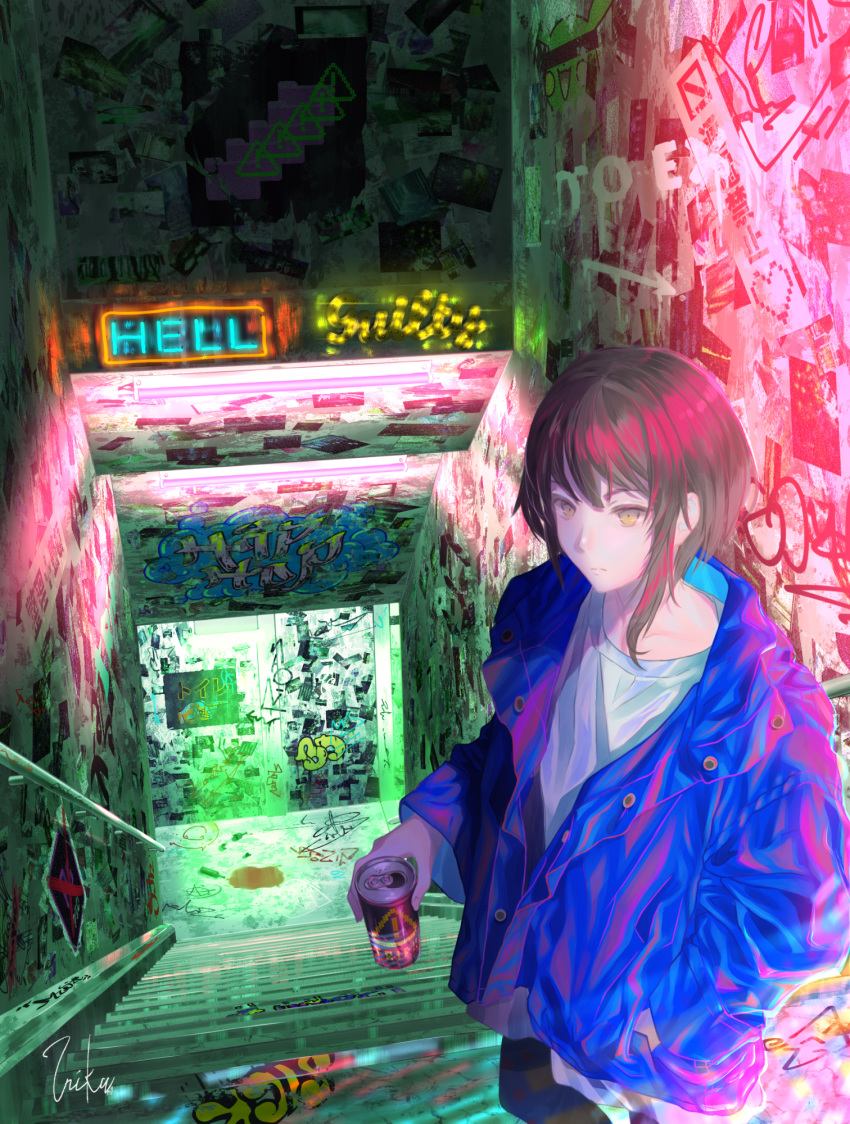 1girl blue_jacket brown_eyes brown_hair can closed_mouth graffiti highres holding holding_can inika jacket looking_at_viewer original short_hair solo stairs translation_request