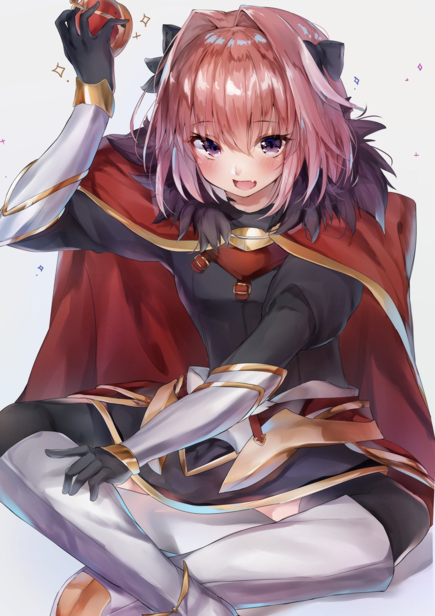 1boy apple armor armored_dress astolfo_(fate) black_bow black_dress black_legwear blush bow braid cloak dress eyebrows eyebrows_visible_through_hair fang fate/apocrypha fate/grand_order fate_(series) food fruit full_body fur-trimmed_cloak fur_trim gauntlets gorget hair_bow hair_intakes happy highres holding holding_food holding_fruit long_braid long_hair long_sleeves male_focus mochi_nabe multicolored_hair open_mouth otoko_no_ko pink_hair puffy_sleeves red_cloak simple_background single_braid sitting smile solo streaked_hair thigh-highs violet_eyes white_background