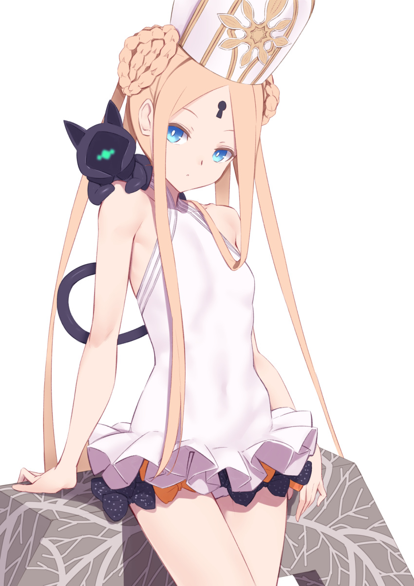 1girl abigail_williams_(fate/grand_order) abigail_williams_(swimsuit_foreigner)_(fate) bangs bare_shoulders black_bow black_cat blonde_hair blue_eyes blush bow braid braided_bun breasts cat double_bun dress_swimsuit fate/grand_order fate_(series) forehead highres jilu keyhole long_hair looking_at_viewer mitre multiple_bows orange_bow parted_bangs polka_dot polka_dot_bow sidelocks simple_background small_breasts swimsuit thighs twintails very_long_hair white_background white_headwear white_swimsuit