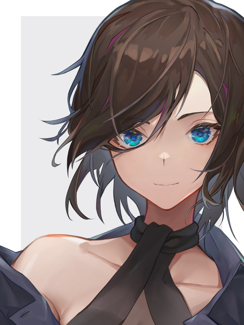 1girl absurdres ark_royal_(azur_lane) ark_royal_(guardian_of_the_ball)_(azur_lane) armpit_crease azur_lane bangs black_coat black_dress black_hair blue_background blue_eyes breasts closed_mouth coat cocktail_dress collarbone commentary dress eyebrows_visible_through_hair hair_over_one_eye halter_dress highres kabi_(zcwd8845) large_breasts looking_at_viewer multicolored_hair off-shoulder_coat portrait purple_hair short_hair sidelocks simple_background single_bare_shoulder sleeveless sleeveless_dress smile solo streaked_hair two-tone_background two-tone_hair white_background