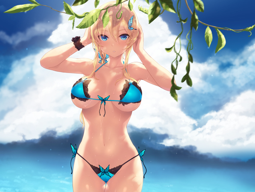 1girl bare_arms bare_legs bikini blonde_hair blue_bikini blue_eyes blue_sky blush boku_wa_tomodachi_ga_sukunai breasts bug butterfly cait clouds cloudy_sky commentary_request cowboy_shot day eyebrows_visible_through_hair front-tie_top hair_ornament halterneck highleg highleg_bikini highres insect kashiwazaki_sena large_breasts leaf long_hair looking_at_viewer navel outdoors parted_lips side-tie_bikini sky solo string_bikini summer swimsuit