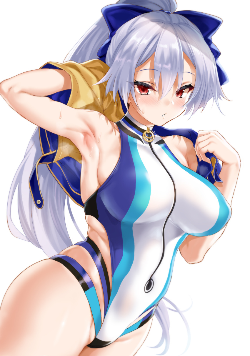 1girl arm_behind_head arm_up armpits bangs blue_bow blue_jacket blue_swimsuit blush bow breasts cle_masahiro fate/grand_order fate_(series) hair_between_eyes hair_bow highleg highleg_swimsuit highres jacket large_breasts long_hair looking_at_viewer one-piece_swimsuit open_mouth ponytail red_eyes short_sleeves silver_hair simple_background swimsuit thighs tomoe_gozen_(fate/grand_order) tomoe_gozen_(swimsuit_saber)_(fate) towel two-tone_swimsuit white_background white_swimsuit