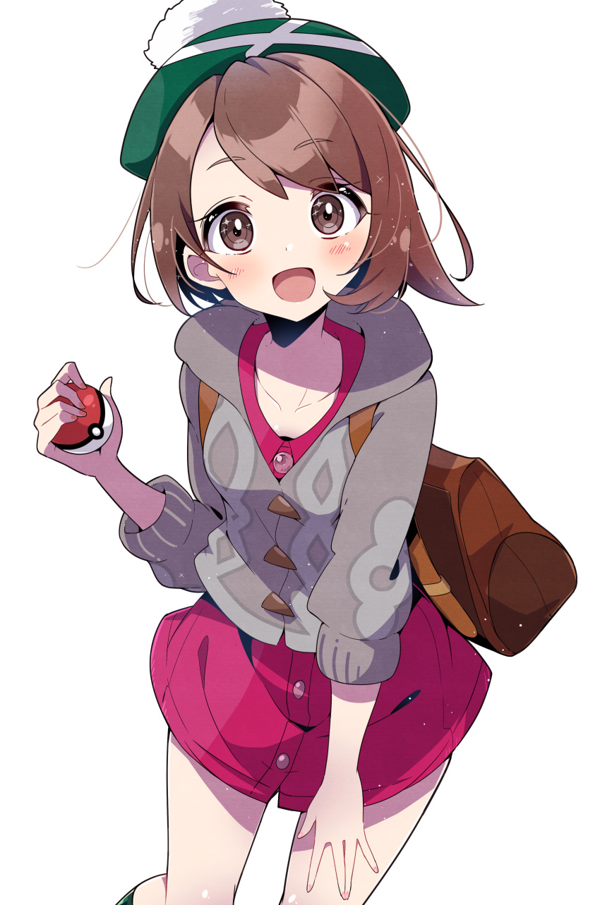 1girl :d absurdres backpack bag bangs blush bokkun_(doyagaobyo) brown_backpack brown_eyes brown_hair buttons cardigan collarbone commentary_request dress eyebrows_visible_through_hair green_headwear grey_cardigan hand_up highres holding holding_poke_ball looking_at_viewer open_mouth pink_dress poke_ball poke_ball_(basic) pokemon pokemon_(game) pokemon_swsh short_hair smile solo tam_o'_shanter tongue yuuri_(pokemon)