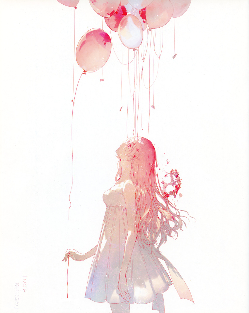 1girl absurdres arm_at_side backlighting balloon bare_arms bare_legs bare_shoulders breasts broken broken_string collarbone cowboy_shot crying crying_with_eyes_open dress expressionless eyelashes falling fingernails flower from_side glint head_back head_wreath highres just_be_friends_(vocaloid) light_particles long_hair looking_up medium_breasts megurine_luka parted_lips petals pink_eyes pink_flower pink_hair pink_nails pink_theme profile rella see-through_silhouette short_dress simple_background solo strapless strapless_dress streaming_tears string string_of_fate tears translation_request vocaloid white_background white_dress