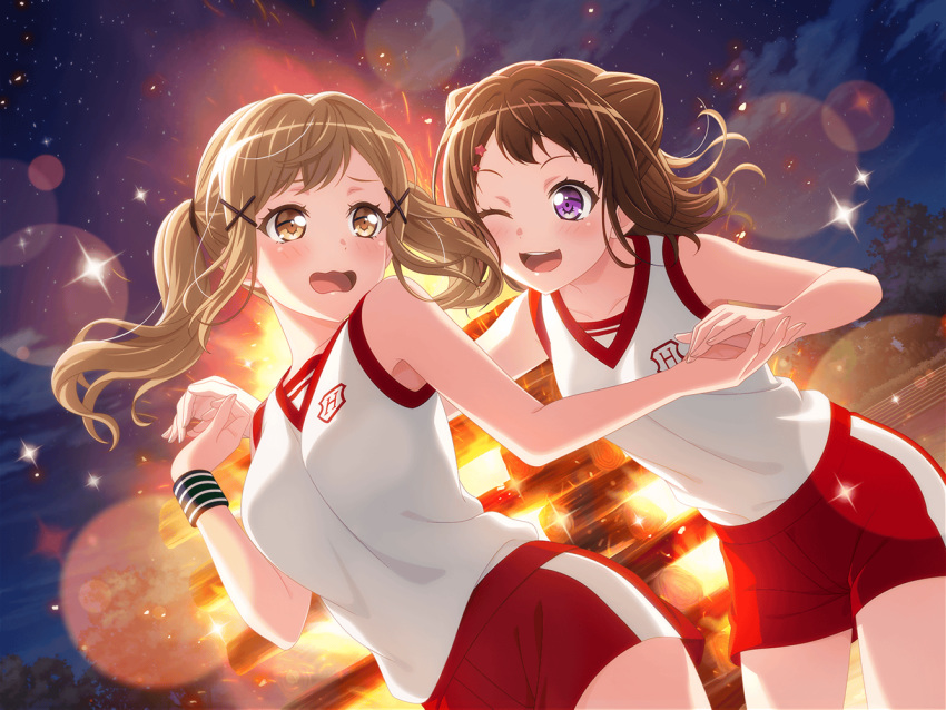 2girls bang_dream! bloomers blush brown_eyes brown_hair dress hand_holding ichigaya_arisa long_hair official_art open_mouth smile sparkle star_hair_ornament starry_sky sunset toyama_kasumi track_uniform twintails wink