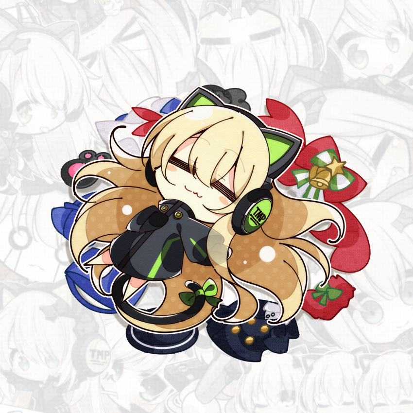 1girl 7:08 absurdres animal_ears bangs bell blonde_hair blush_stickers cat_paw chibi eyebrows_visible_through_hair fake_animal_ears full_body girls_frontline hair_between_eyes hair_ornament headphones highres jacket long_hair long_sleeves multiple_views sidelocks sleeping smile star_(symbol) tail tmp_(girls_frontline) very_long_hair