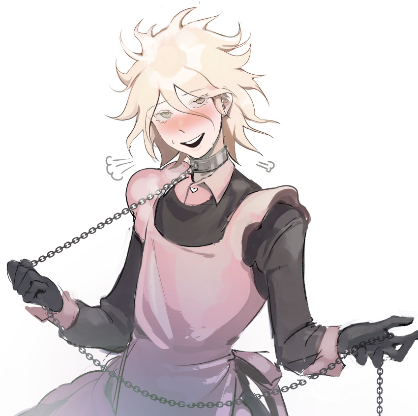 1boy absurdres alternate_costume apron bangs black_gloves blonde_hair blush bound broken broken_chain brown_eyes chain chain_necklace chained collar cuffs dangan_ronpa elbow_gloves gloves hair_between_eyes handcuffs highres komaeda_nagito kyandii leash long_sleeves looking_at_viewer male_focus messy_hair metal_collar open_mouth pink_apron restrained shackles short_hair simple_background smile solo spikes super_dangan_ronpa_2 upper_body upper_teeth white_background