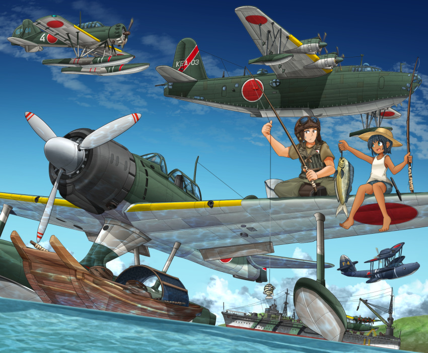 1boy 1girl a6m2-n aircraft airplane akitsushima_(seaplane_tender) aviator_cap bangs barefoot black_hair black_headwear blue_shorts blue_sky boots brown_footwear brown_headwear brown_pants brown_shirt bucket closed_mouth clouds cloudy_sky commentary_request day fish fishing fishing_rod flight_goggles frown goggles goggles_on_headwear h8k hat highres looking_at_another mikeran_(mikelan) military military_uniform military_vehicle ocean open_mouth original outdoors pants partial_commentary roundel ship shirt short_hair shorts sitting sky smile sun_hat sweatdrop tan tank_top uniform vehicle_request watercraft white_shirt world_war_ii