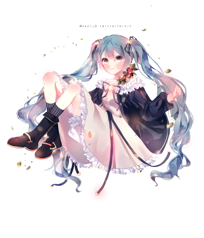 1girl absurdres alternate_costume artist_name black_jacket blue_hair crossed_legs dress frilled_dress frilled_jacket frills grey_eyes hair_ornament hatsune_miku highres jacket knees_up looking_at_viewer seol_q sitting solo star_(symbol) star_hair_ornament twintails vocaloid white_background