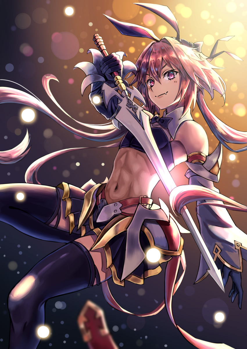 1boy absurdres animal_ears armor armored_dress astolfo_(fate) astolfo_(saber)_(fate) bangs black_bow black_footwear black_legwear black_ribbon blush bow bowtie bunny_hair_ornament closed_mouth dress fang fate/grand_order fate_(series) full_body hair_between_eyes hair_bow hair_intakes hair_ornament hair_ribbon happy highres holding holding_sword holding_weapon long_hair long_sleeves looking_at_viewer low_twintails male_focus multicolored_hair otoko_no_ko pink_hair rabbit_ears ribbon simple_background smile solo standing streaked_hair su77sty sword thigh-highs twintails violet_eyes weapon